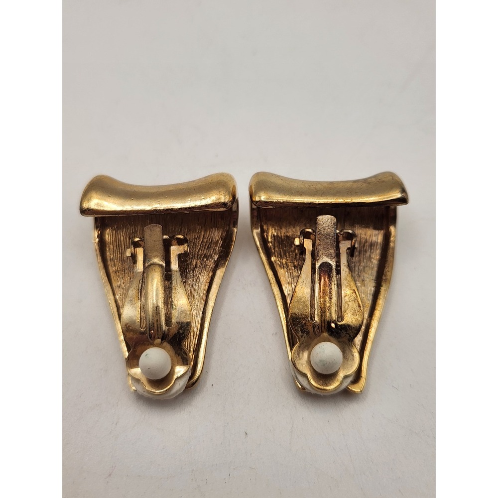 Givenchy Vintage Gold Tone Rhinestone Shield Clip On Earrings Statement Designer - Picture 2 of 5